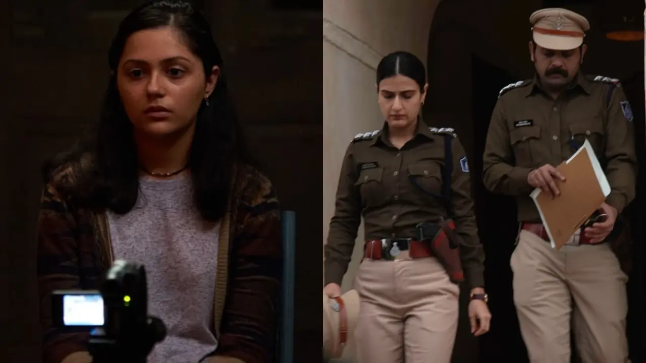 Aneet as Meenu seated before a recording camera, alongside a separate still of investigating officers